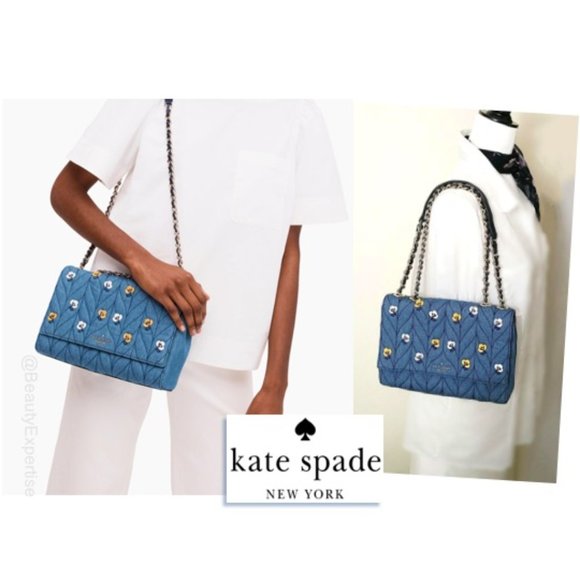Kate Spade Emelyn Briar Lane Quilted Blue Denim 3D Flowers Shoulder Purs… - Picture 2 of 12